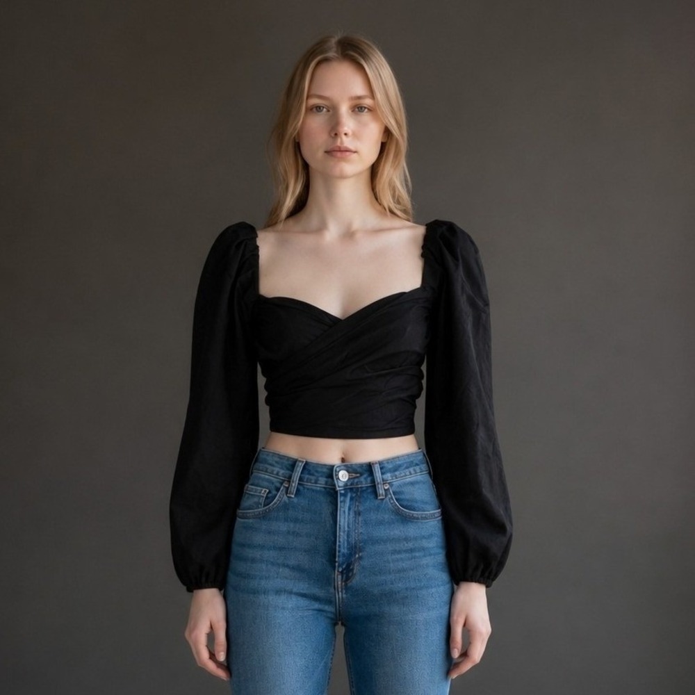 Mable Black Wrap Sweetheart Puff Sleeve Smocked Back Tie Crop Top Womens S